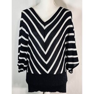 Jennifer Lopez Womens Metallic Chevron Stripe Batwing Sleeve V-Neck Sweater XS
